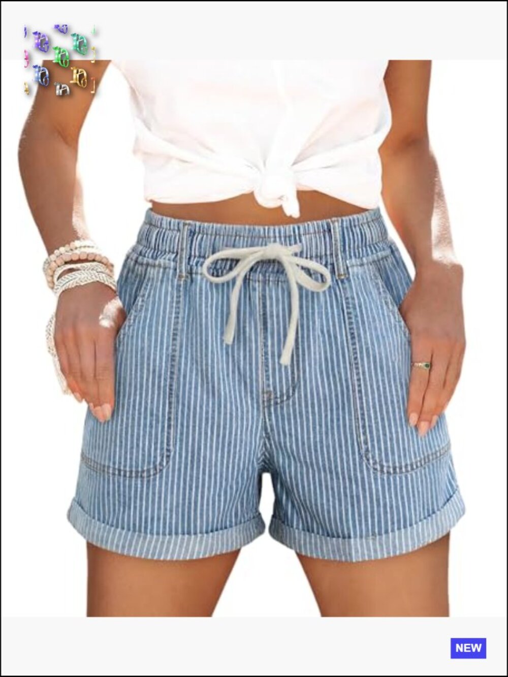 High Waisted Drawstring Elastic Waist Summer Stretchy Denim Jorts with Pockets - Picture 3 of 6